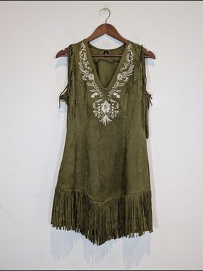 Oyrosy Olive Green Suede Fringe Dress with White Embroidery, Size L